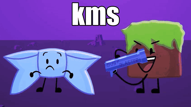 Scene from Purgatory 1b of Grass Block shooting himself with the text 'kms' added in Impact font